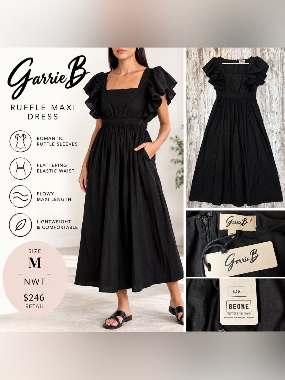 Garrie B Women’s Black Ruffle Maxi Dress Size M NWT